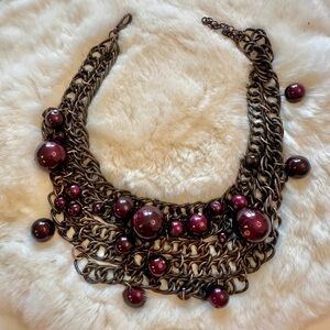 Metallic Chain Statement Necklace with Burgundy Ball Accents